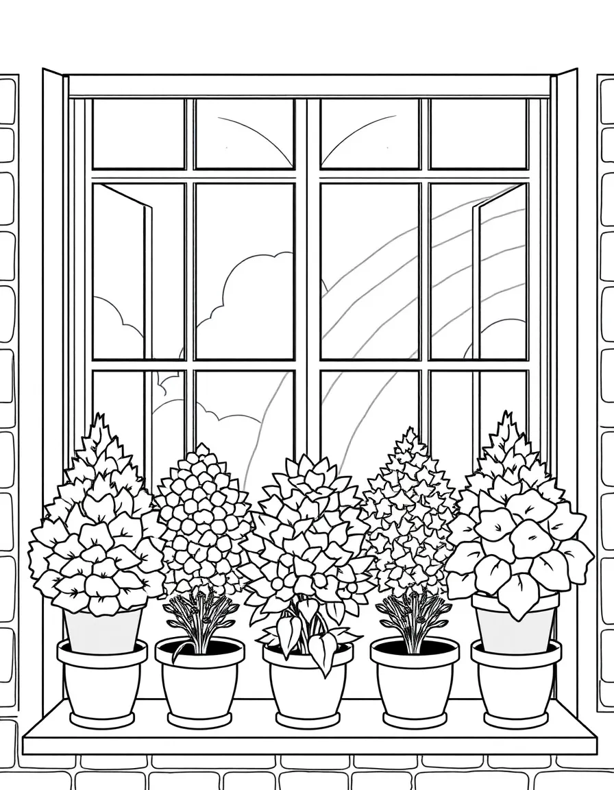 A row of potted houseshrubs on a windowsill under a rainbow