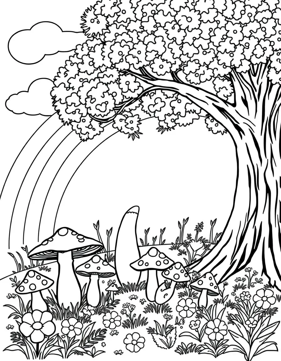 A mushroom patch under a tree under a rainbow