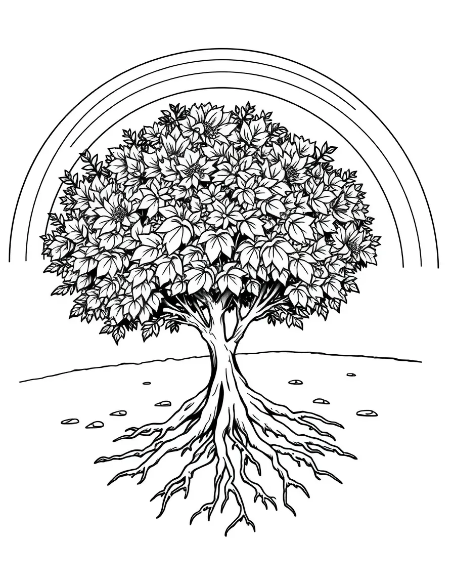 A shrub with roots visible underground under a rainbow