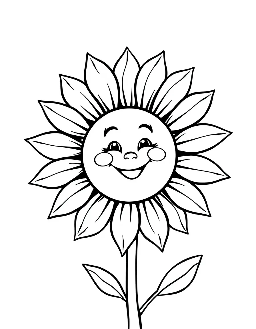 A single sunblossom with large petals and a smiling face in the center