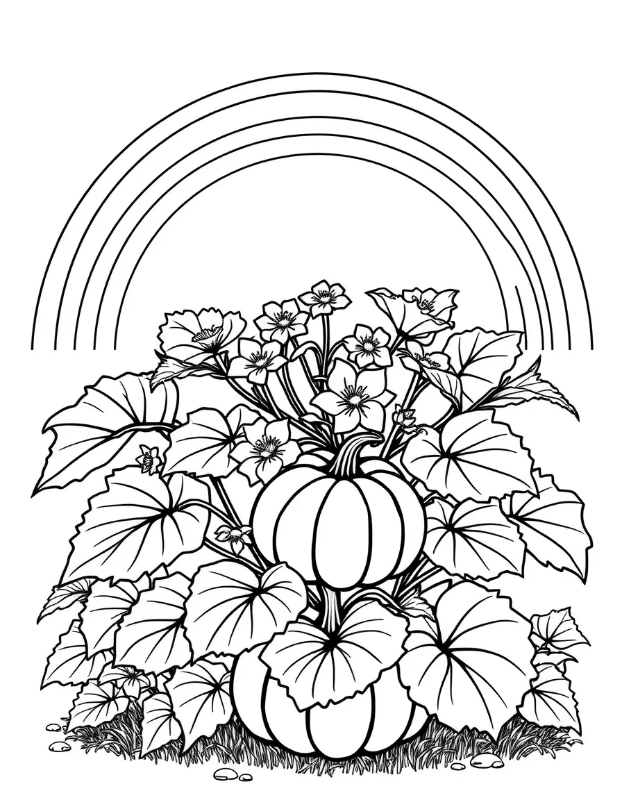 A pumpkin shrub with big leaves and blossoms under a rainbow