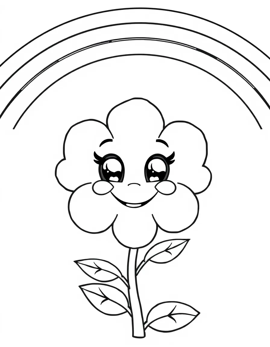 A happy blossom with cartoon eyes and a smile under a rainbow under a rainbow