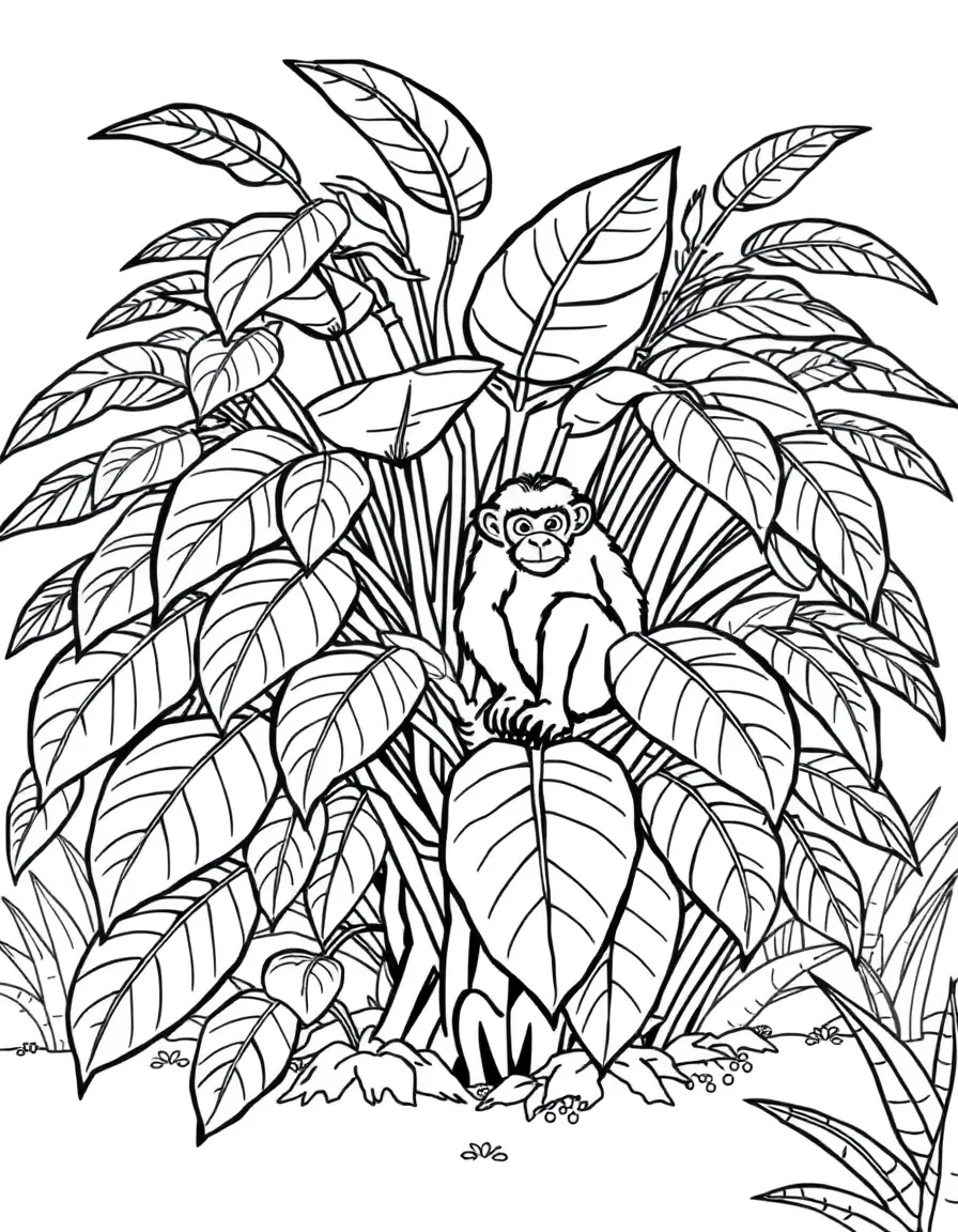 A jungle shrub with giant leaves and a monkey