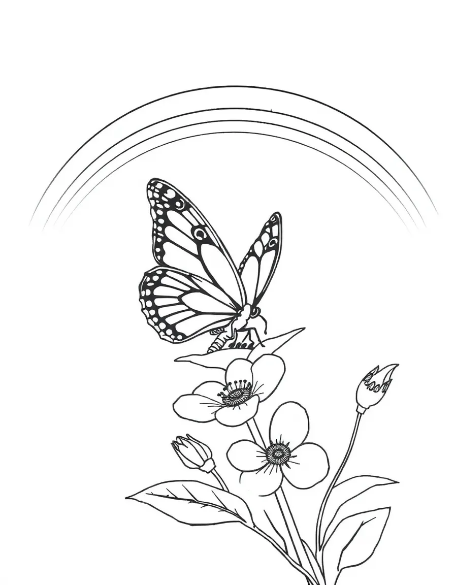 A butterfly landing on a blossom in bloom under a rainbow