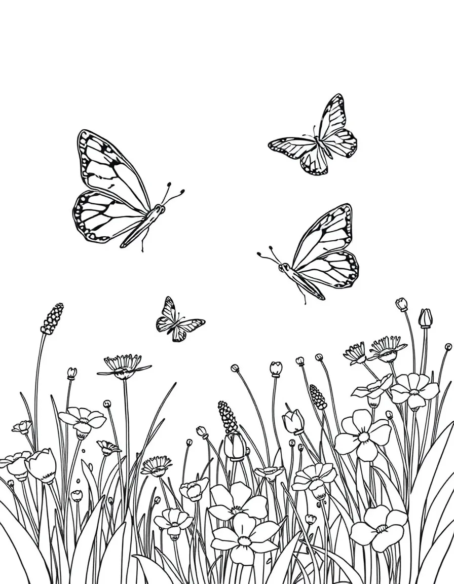 A meadow scene with butterflies flying over blossoms
