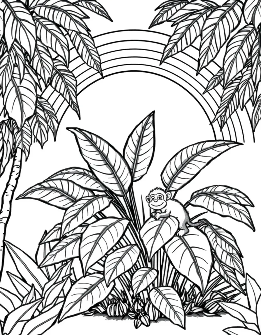 A jungle shrub with giant leaves and a monkey under a rainbow