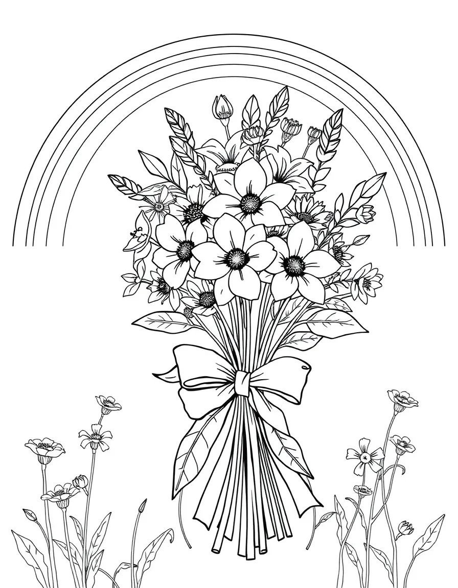 A bunch of wildblossoms tied with a bow under a rainbow