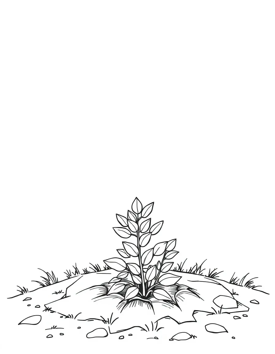 A small shrub sprouting from the ground under a rainbow
