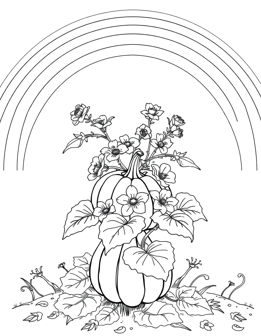 A pumpkin shrub with big leaves and blossoms under a rainbow under a rainbow