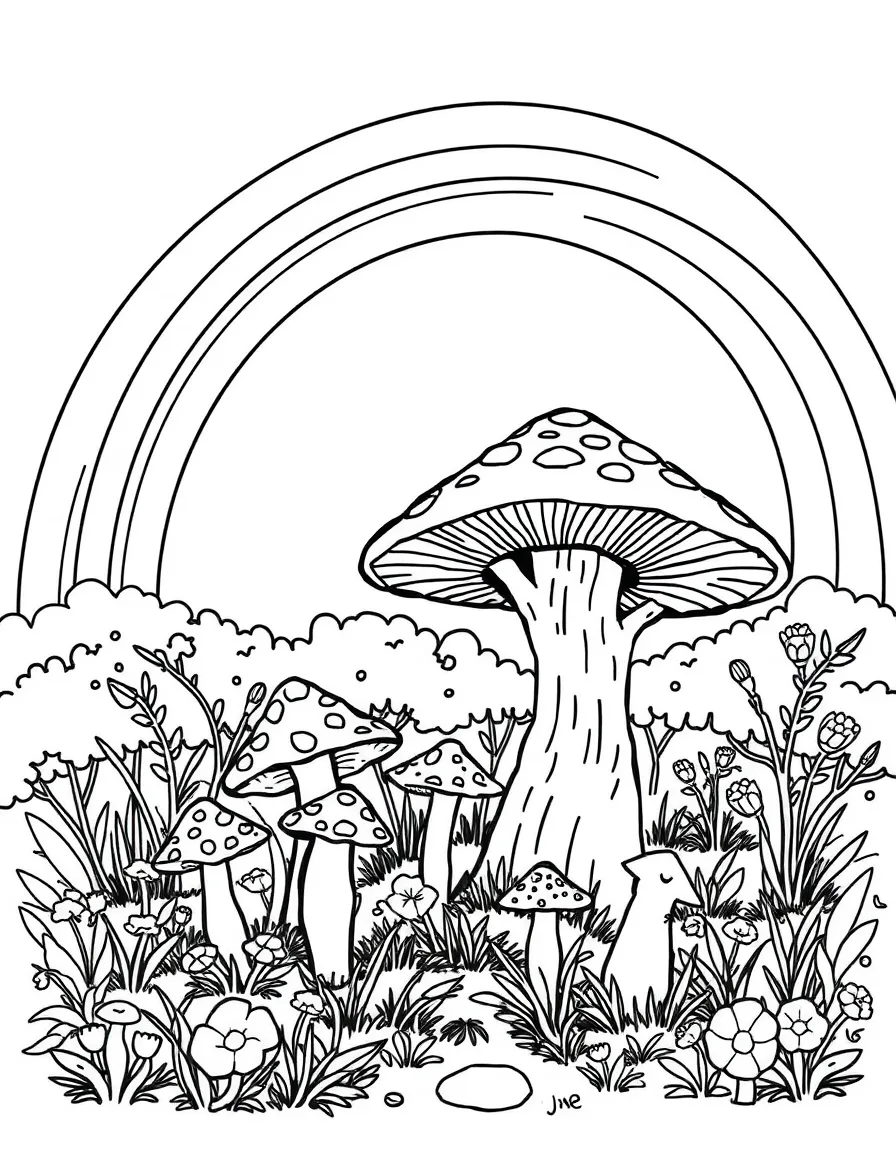 A mushroom patch under a tree under a rainbow