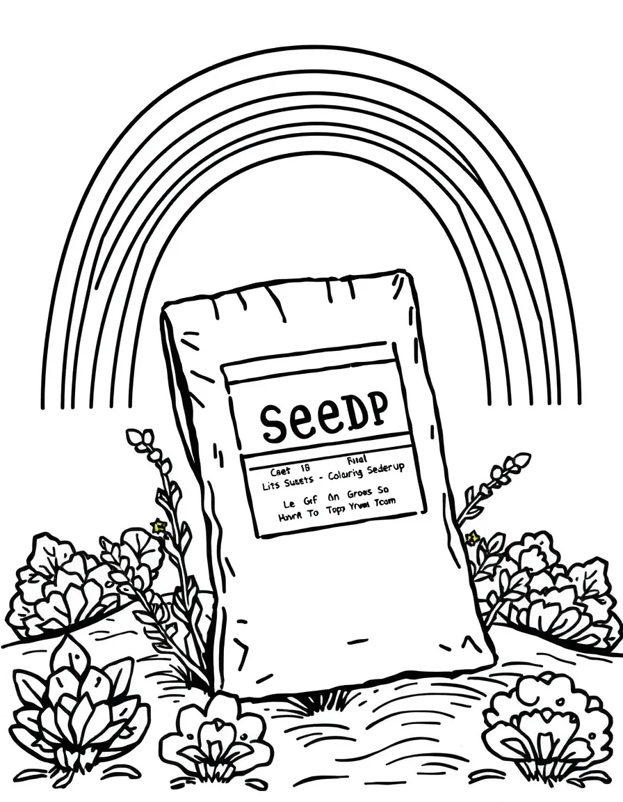 A seed packet with shrubs growing around it under a rainbow