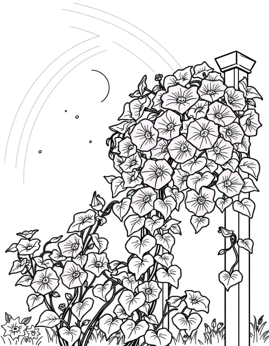 A vine of morning glories climbing a trellis under a rainbow