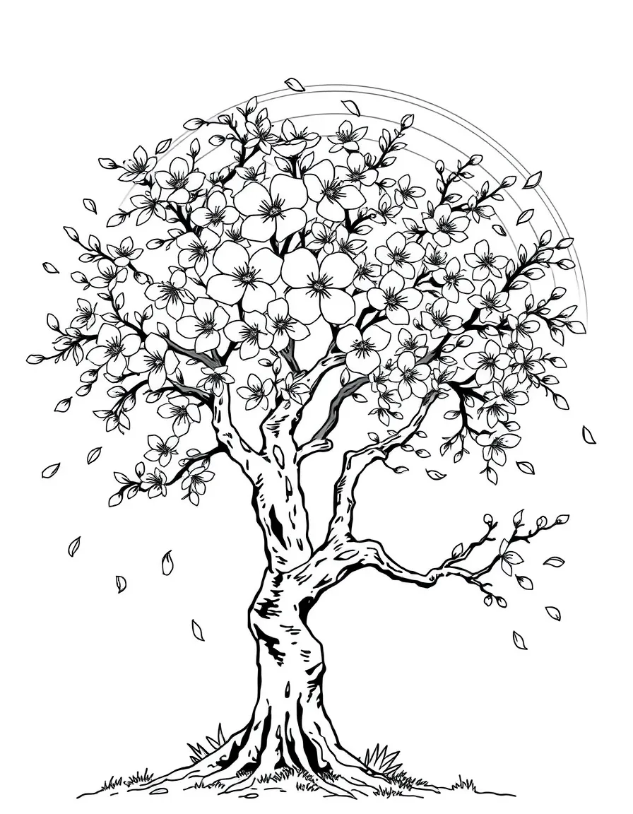 A cherry blossom tree with falling petals under a rainbow under a rainbow