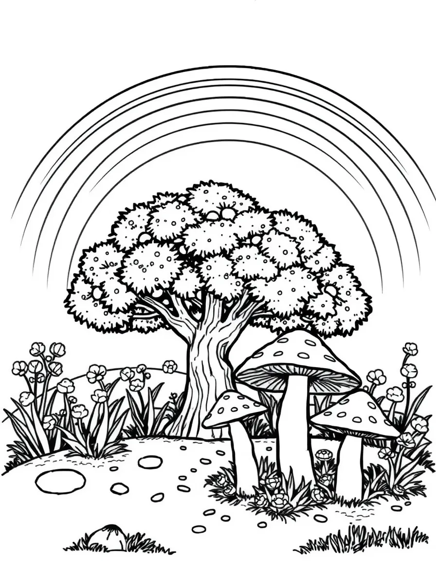 A mushroom patch under a tree under a rainbow
