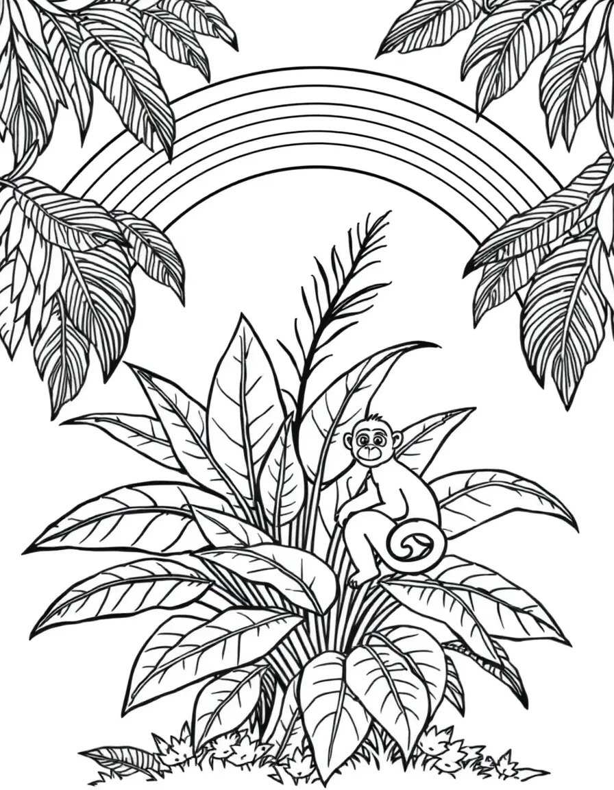 A jungle shrub with giant leaves and a monkey under a rainbow under a rainbow