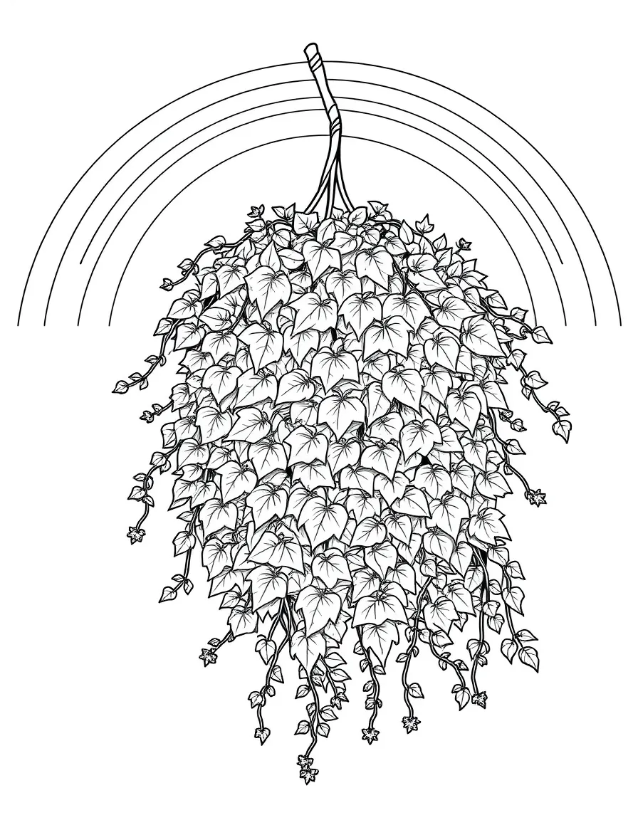 A hanging shrub with vines and leaves under a rainbow