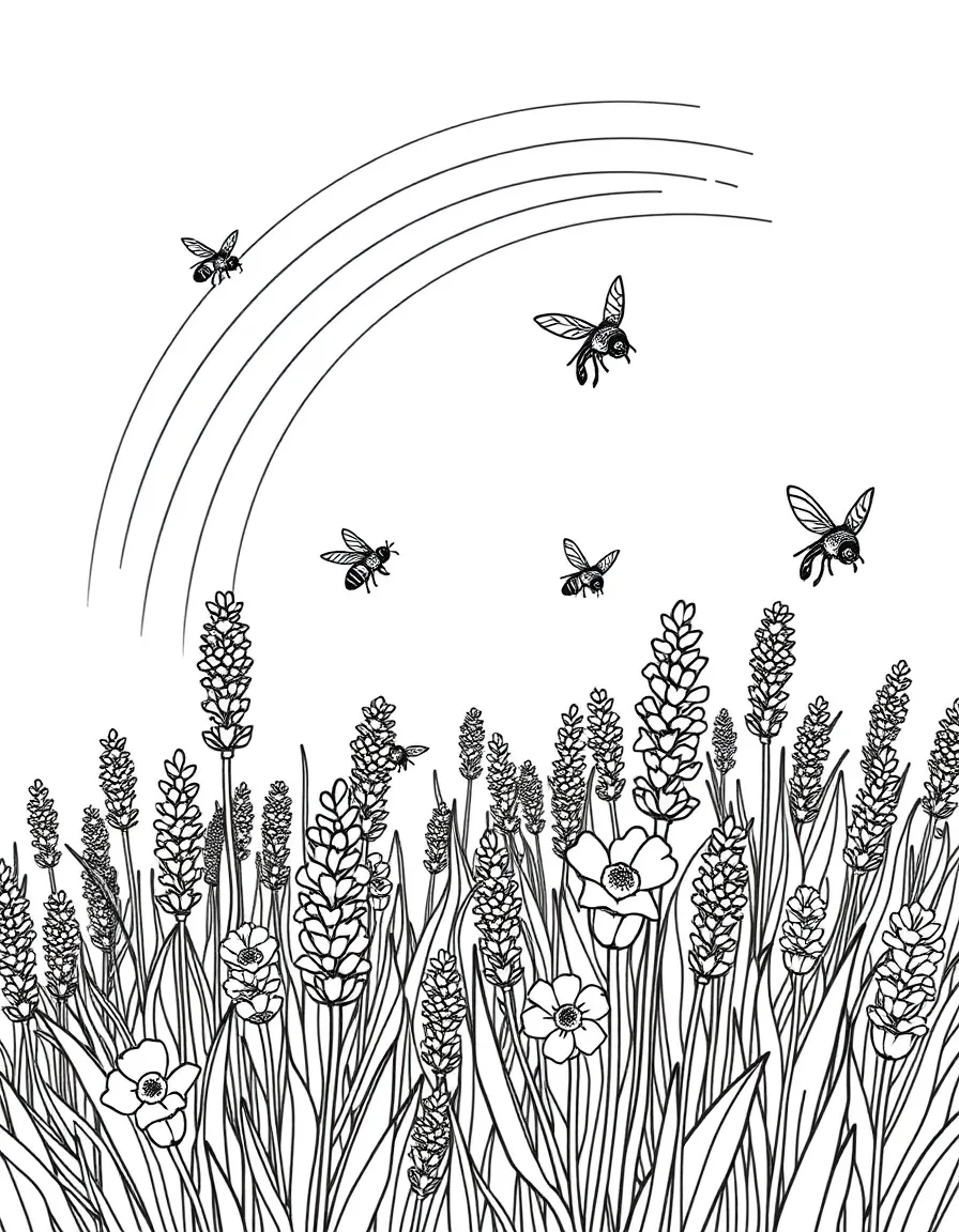 A field of lavender with bees flying above under a rainbow under a rainbow