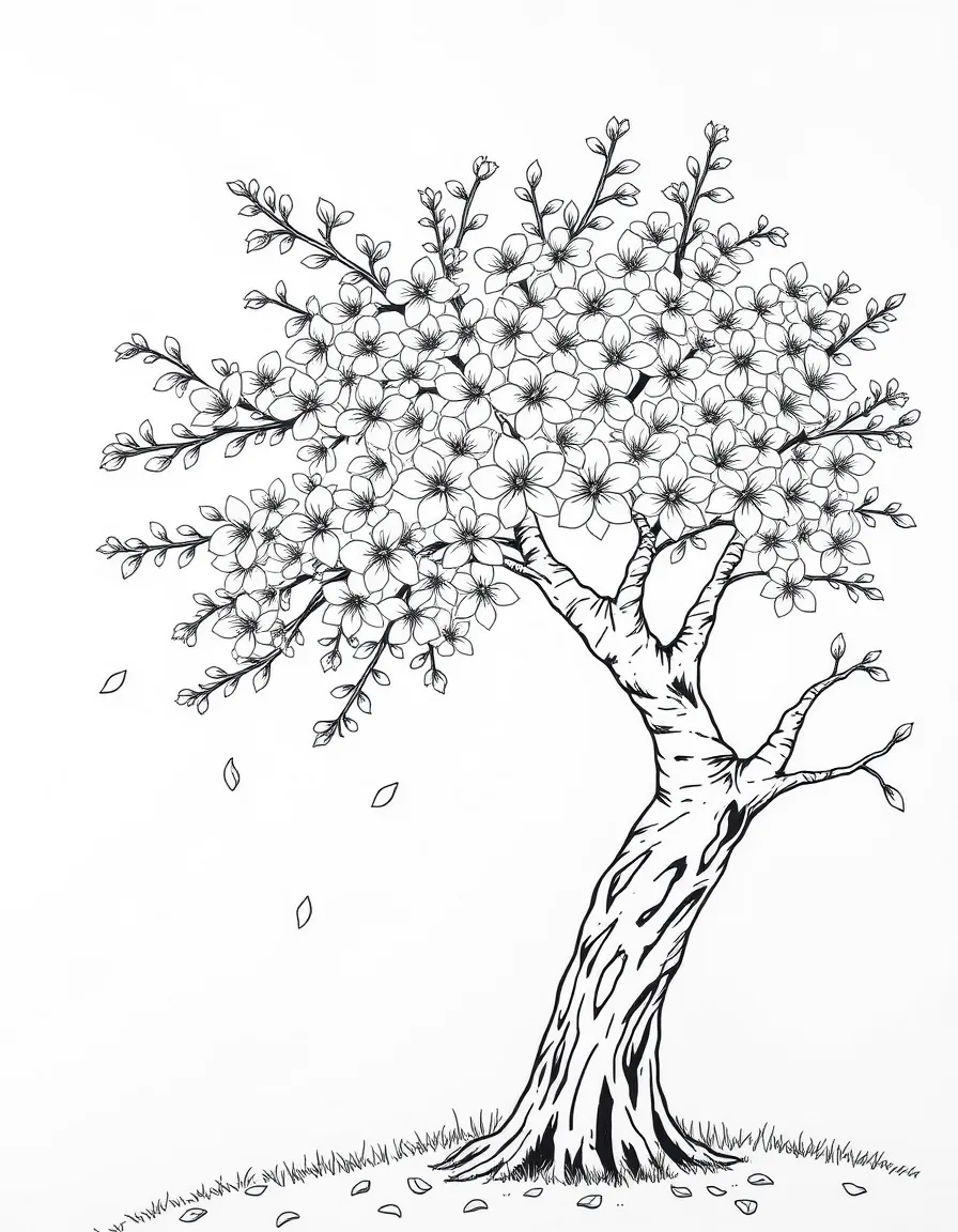A cherry blossom tree with falling petals under a rainbow under a rainbow under a rainbow