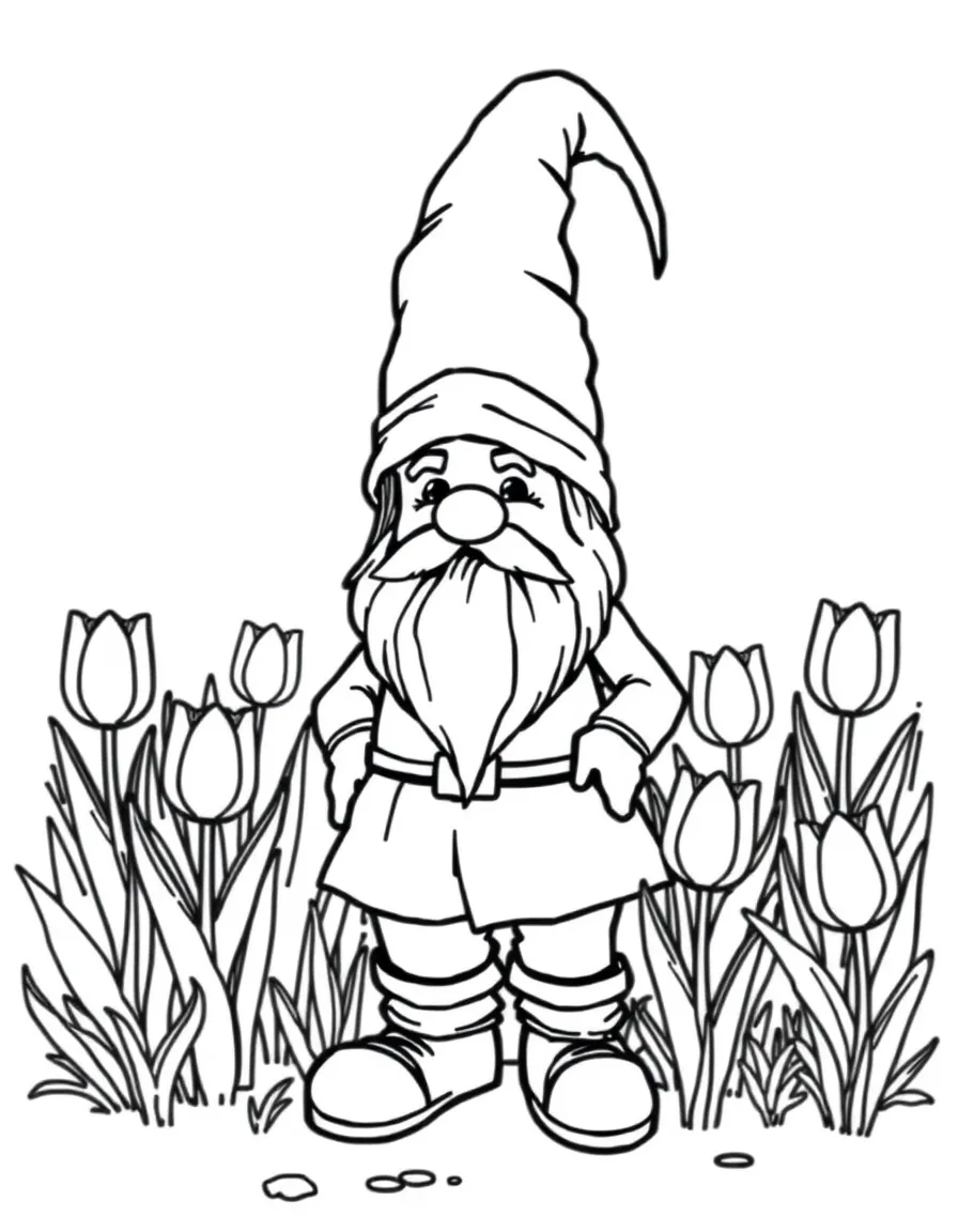 A meadow gnome standing beside a tulip patch