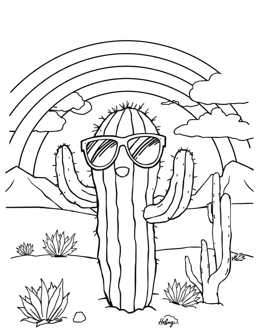 A cactus wearing sunglasses in the desert under a rainbow