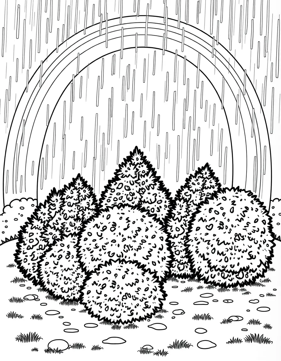A scene of rain falling on a group of shrubs under a rainbow under a rainbow