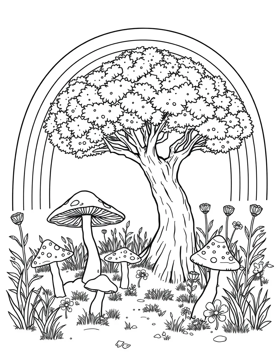 A mushroom patch under a tree under a rainbow