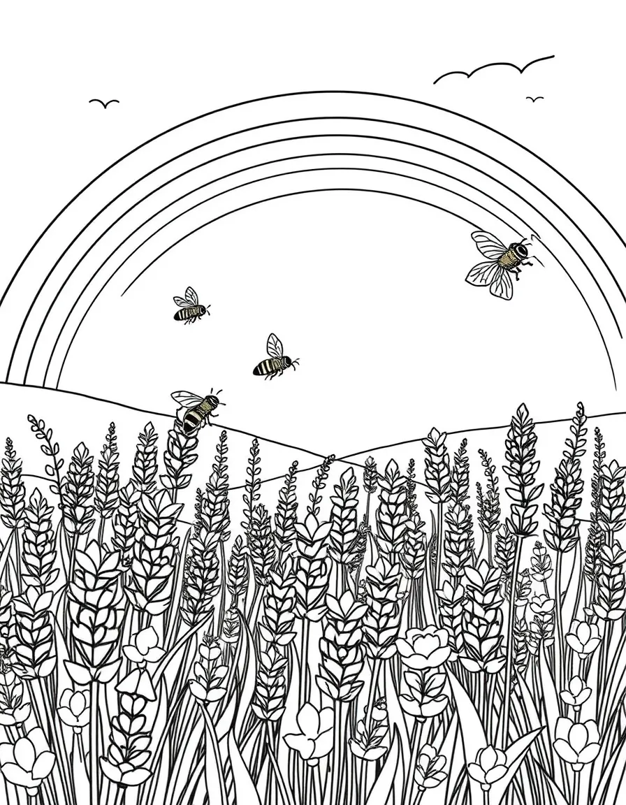 A field of lavender with bees flying above under a rainbow under a rainbow