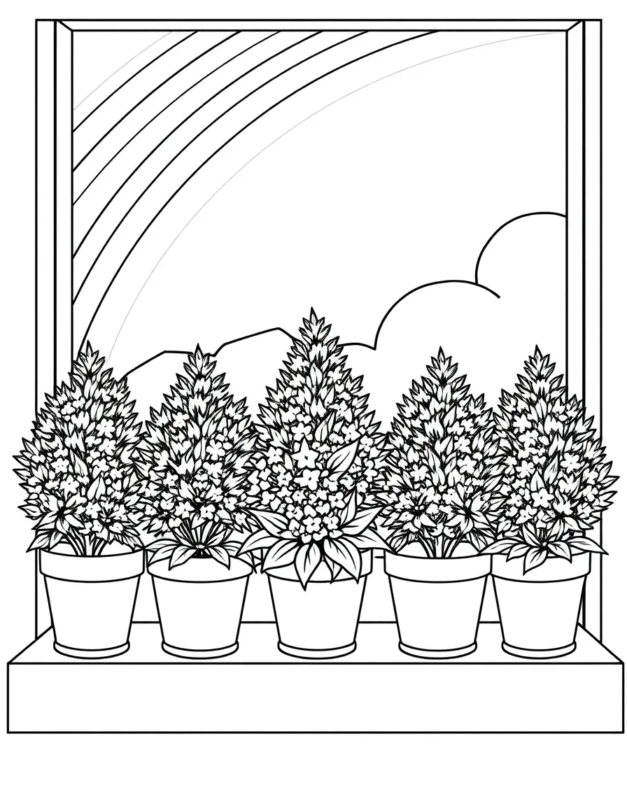 A row of potted houseshrubs on a windowsill under a rainbow
