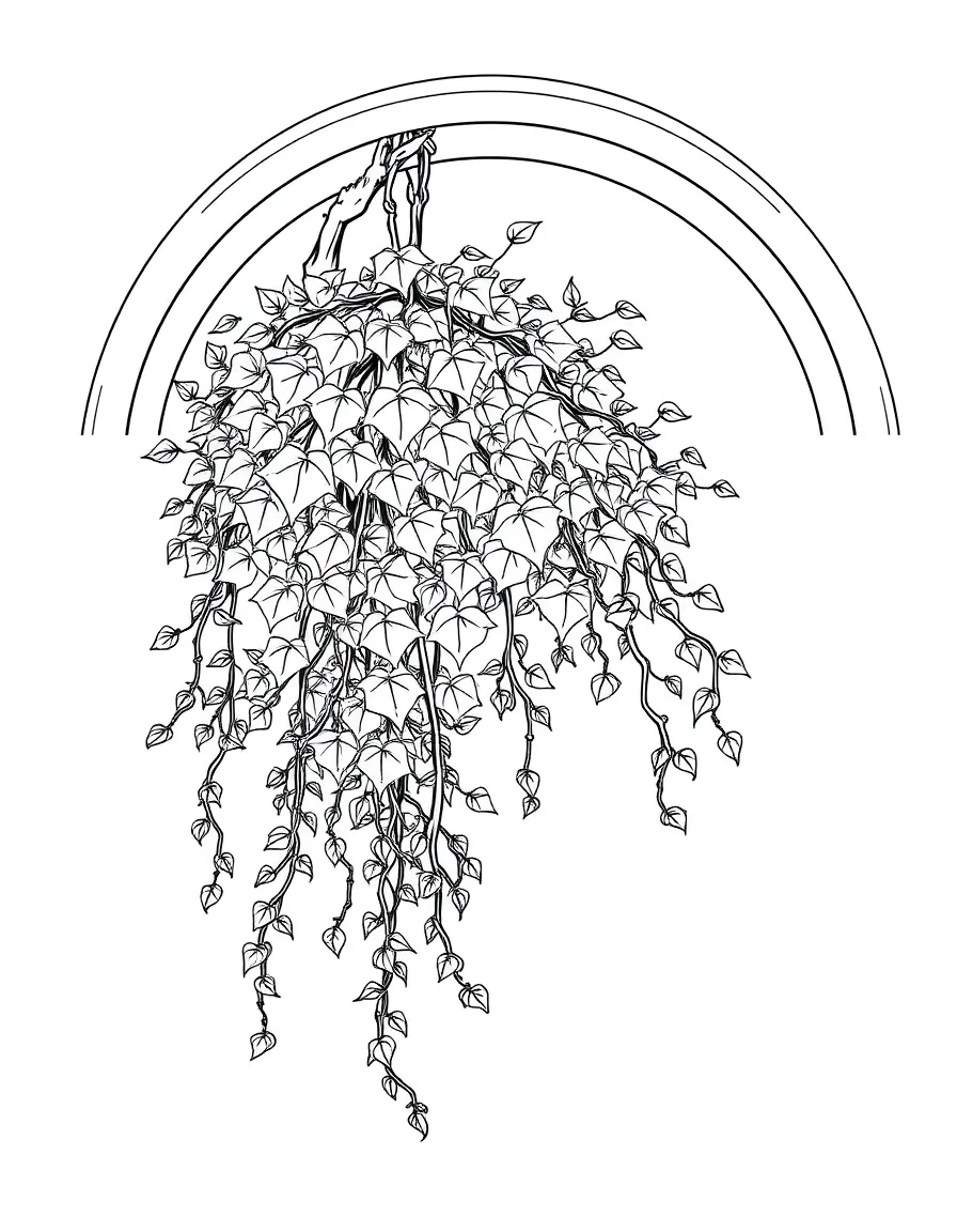 A hanging shrub with vines and leaves under a rainbow