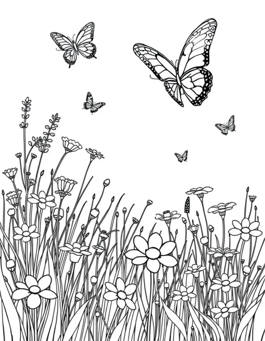 A meadow scene with butterflies flying over blossoms
