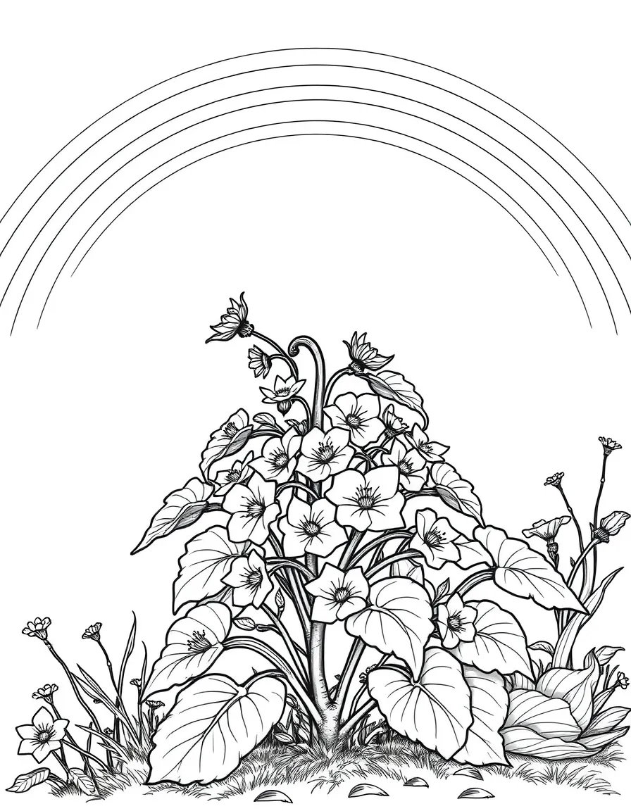 A pumpkin shrub with big leaves and blossoms under a rainbow under a rainbow