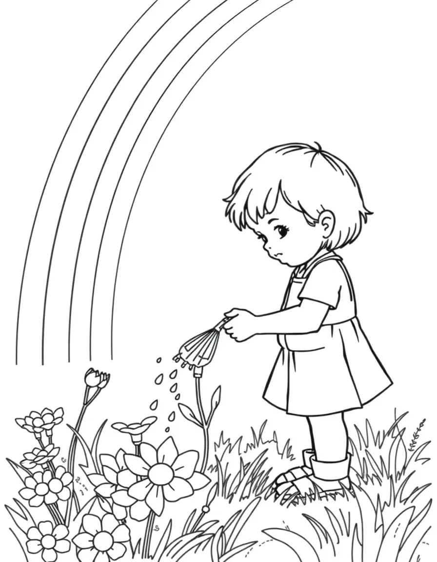 A child watering a sunblossom in the meadow under a rainbow