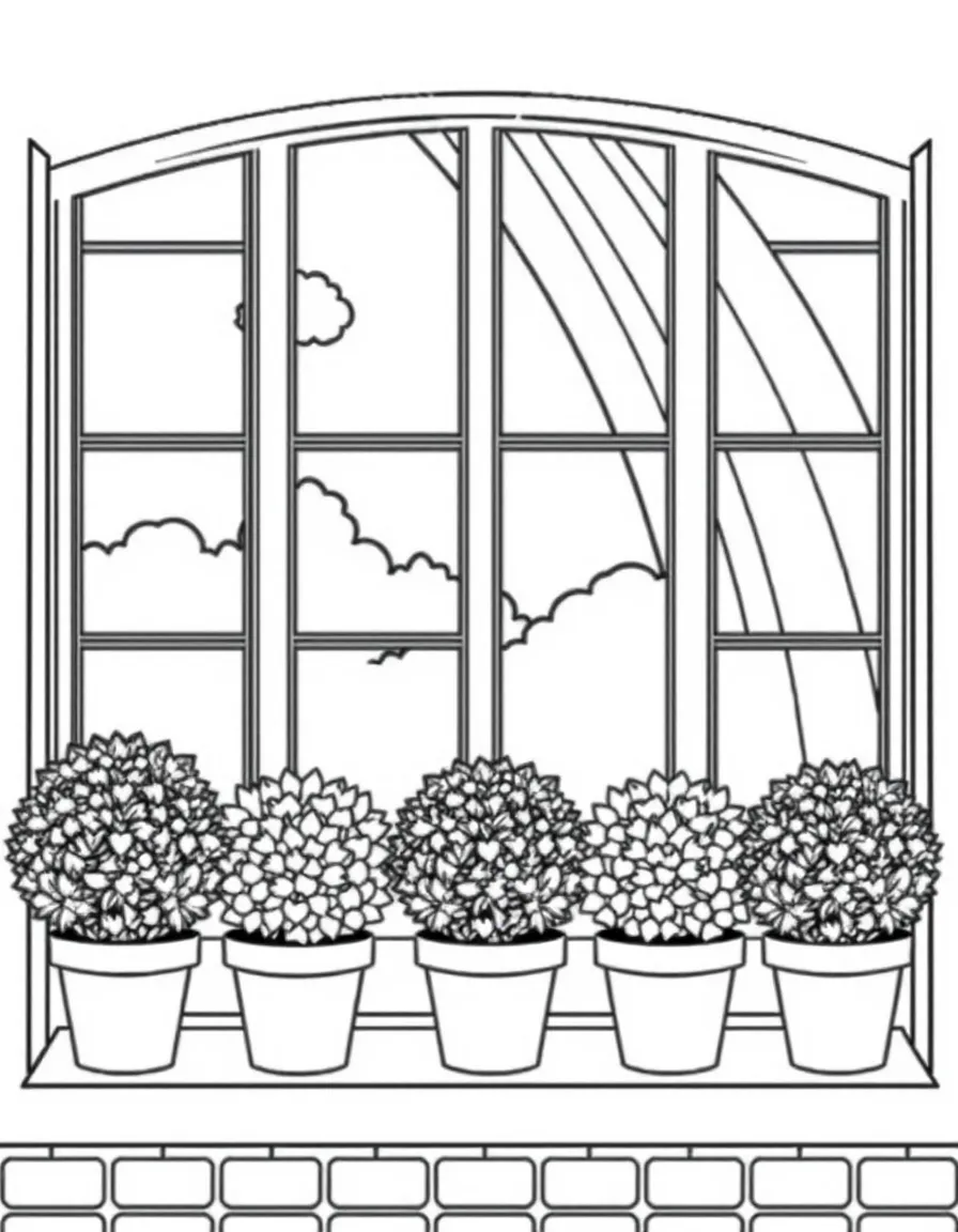 A row of potted houseshrubs on a windowsill under a rainbow