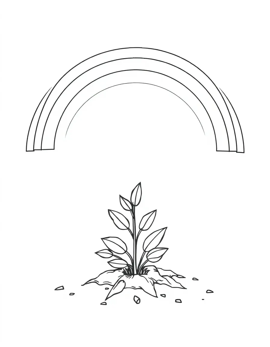 A small shrub sprouting from the ground under a rainbow