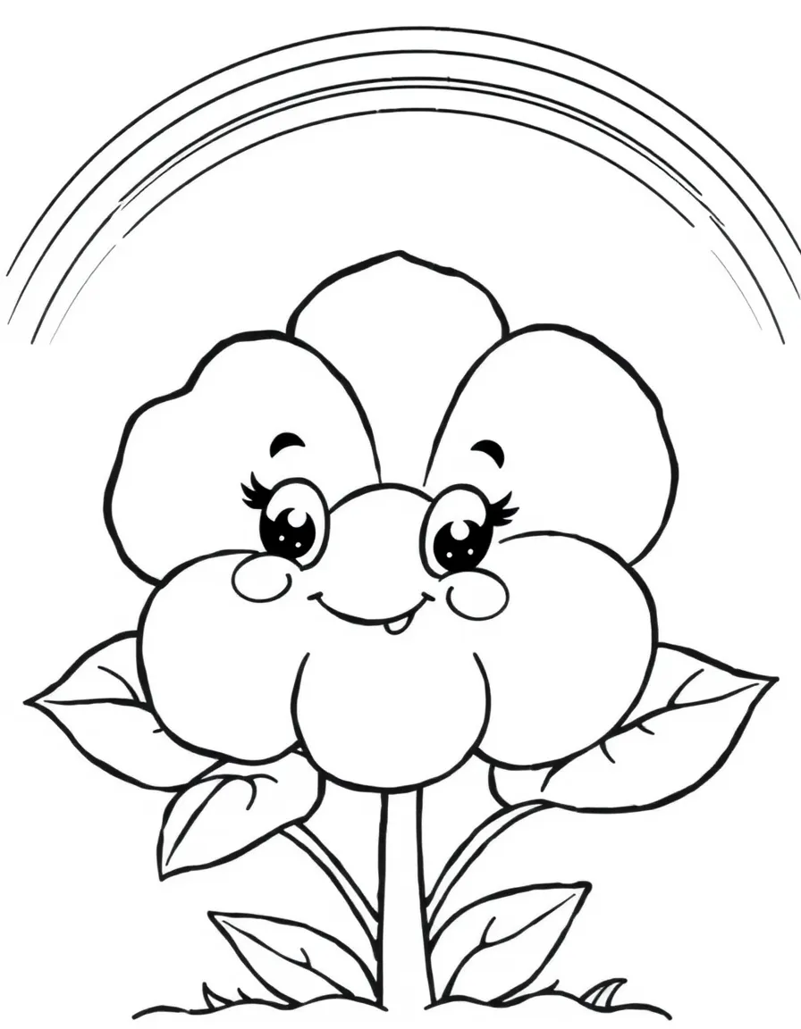 A happy blossom with cartoon eyes and a smile under a rainbow