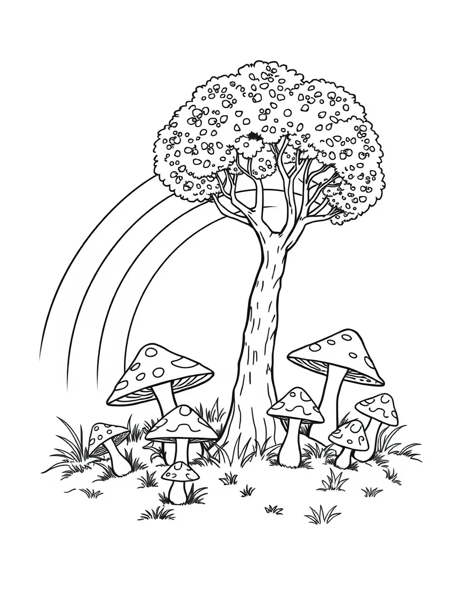 A mushroom patch under a tree under a rainbow