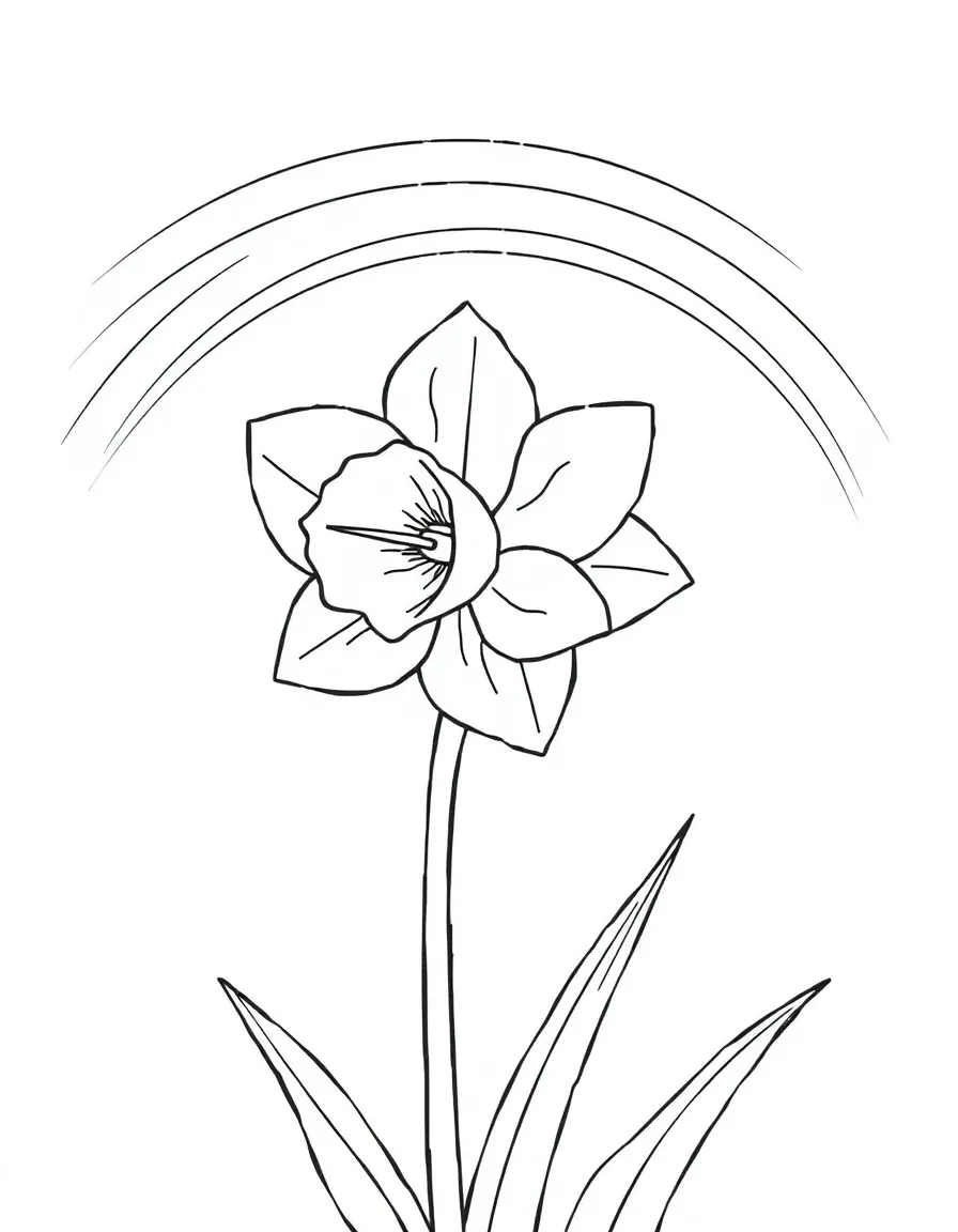 A smiling daffodil waving in the breeze under a rainbow