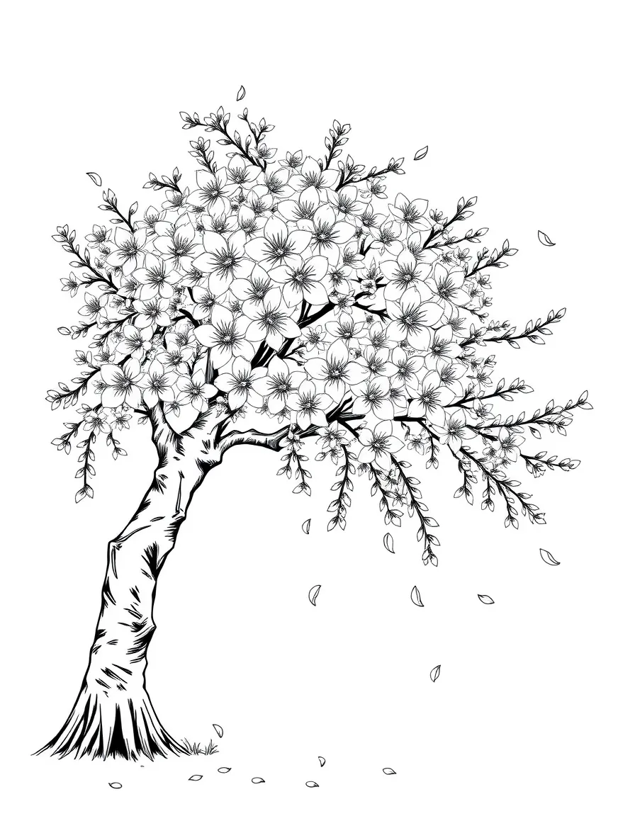A cherry blossom tree with falling petals under a rainbow