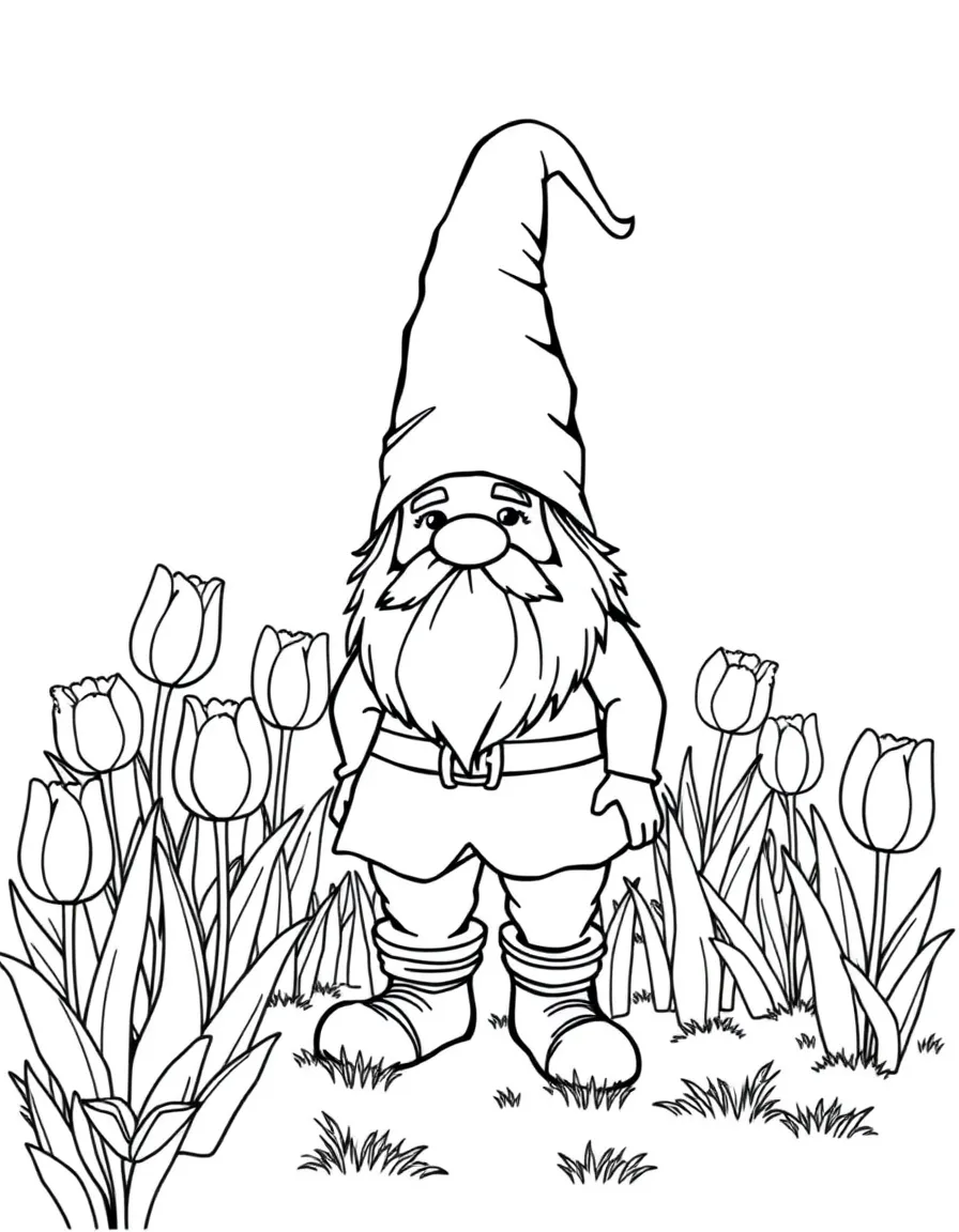 A meadow gnome standing beside a tulip patch
