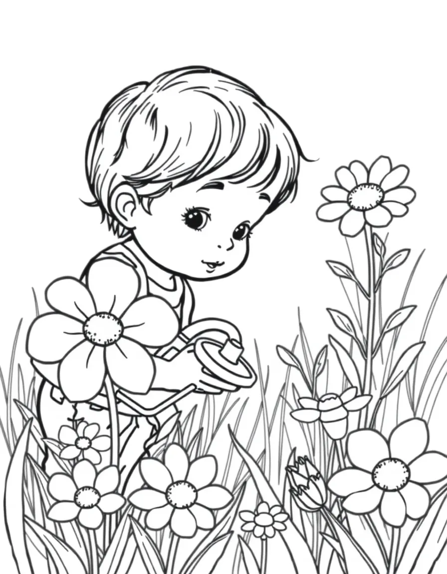 A child watering a sunblossom in the meadow
