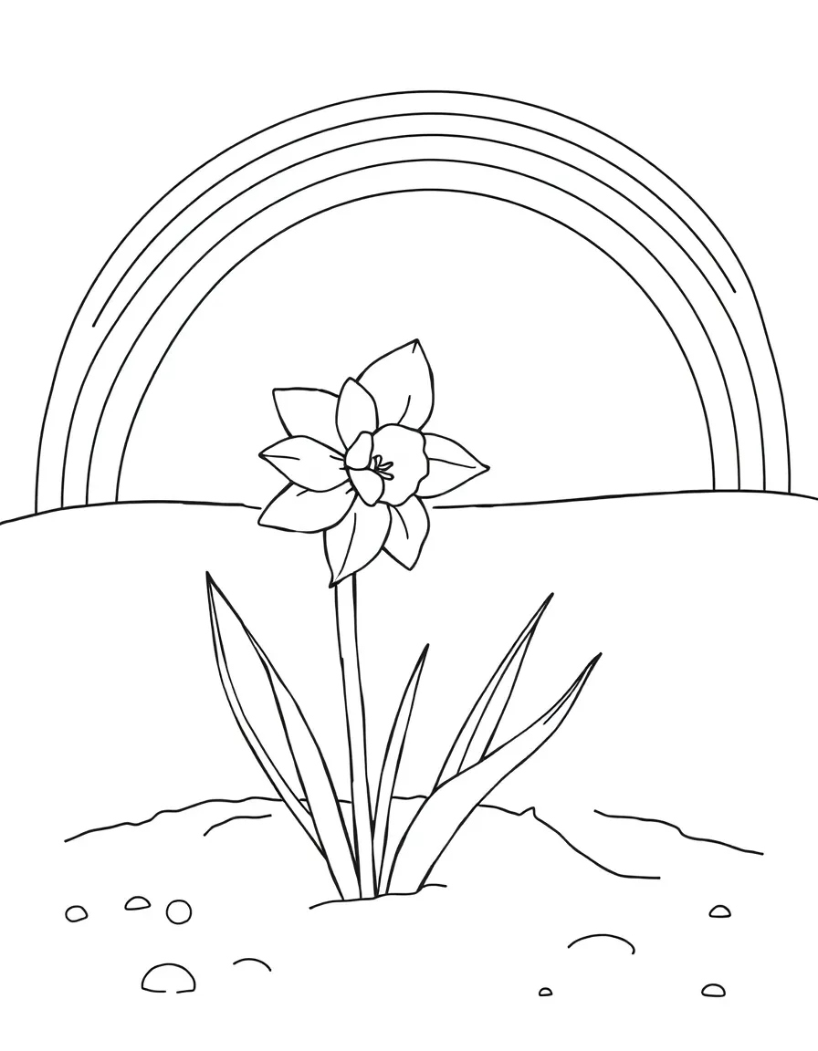 A daffodil poking out from the snow under a rainbow