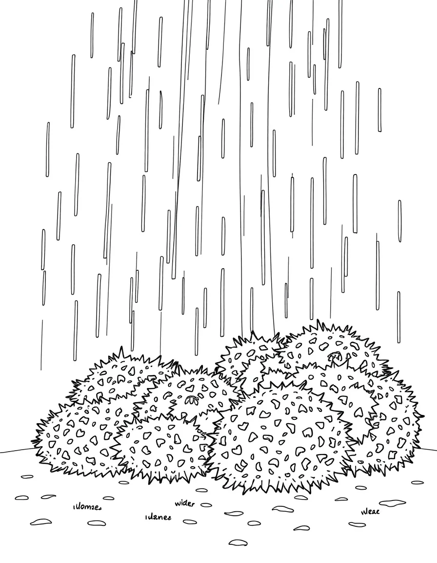 A scene of rain falling on a group of shrubs under a rainbow under a rainbow