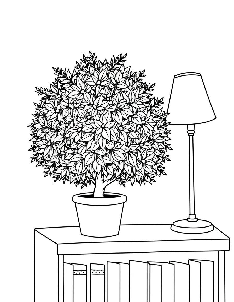 A shrub on a bookshelf next to a lamp