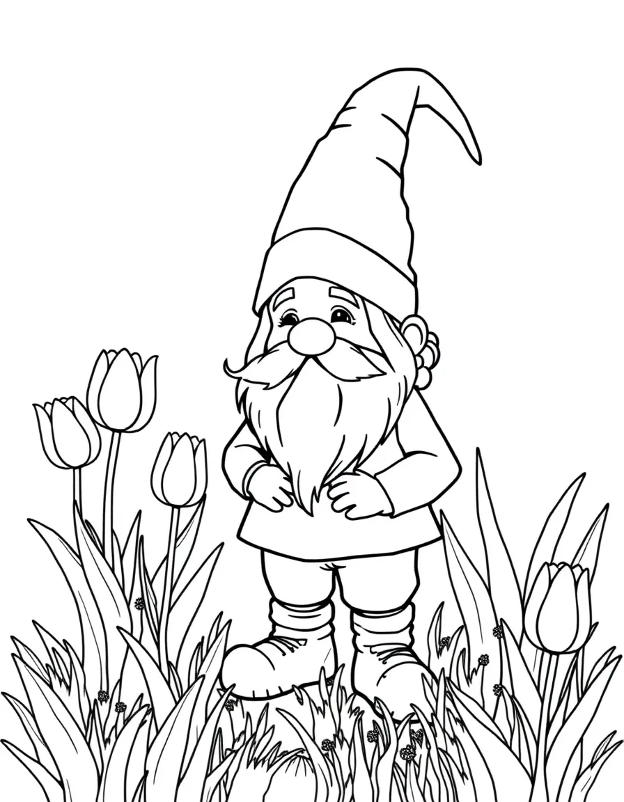 A meadow gnome standing beside a tulip patch