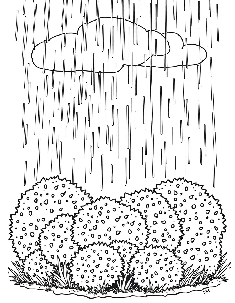 A scene of rain falling on a group of shrubs under a rainbow