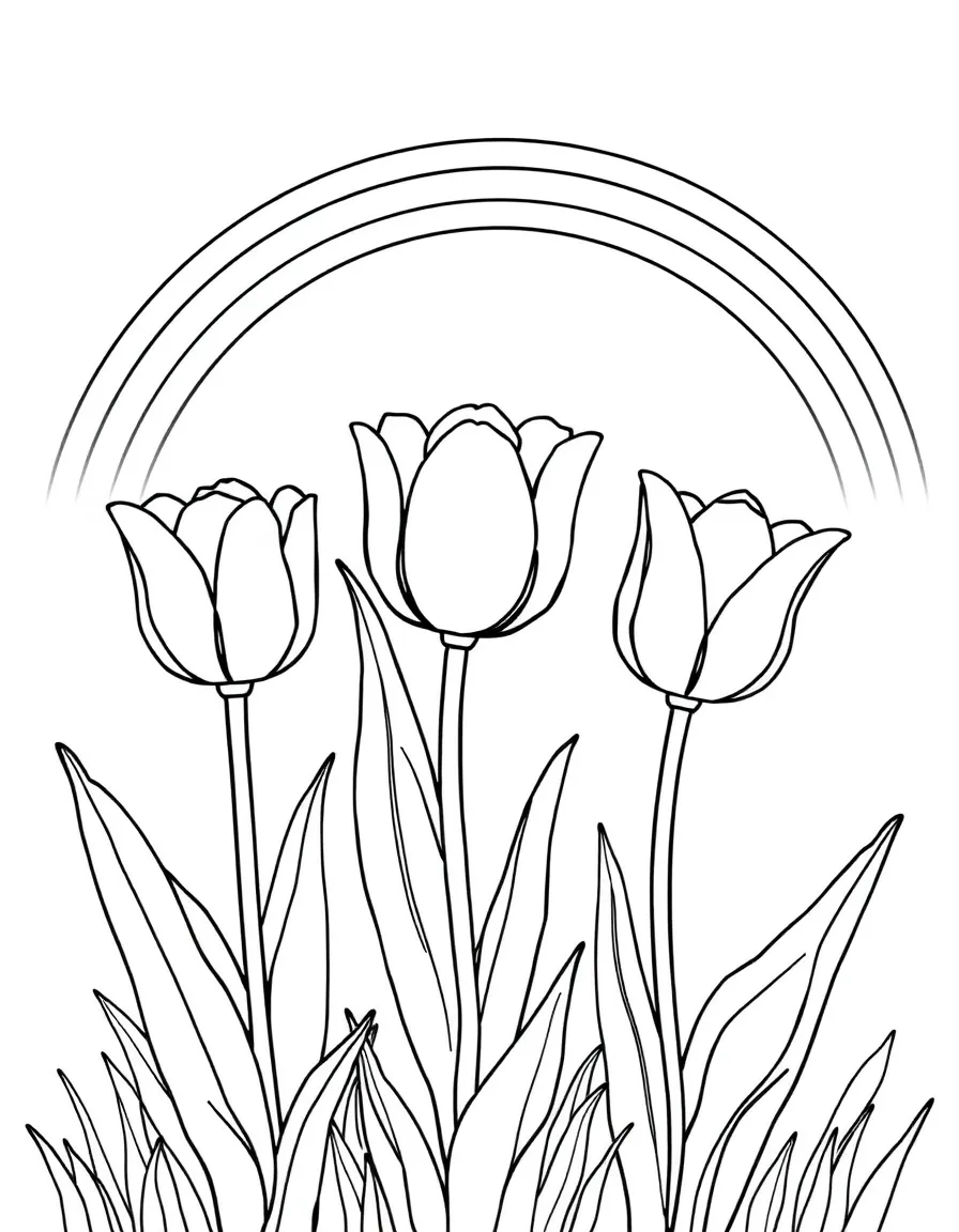 A meadow with three tulips in different colors, each with big leaves under a rainbow