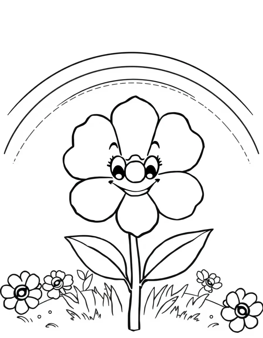 A happy blossom with cartoon eyes and a smile under a rainbow