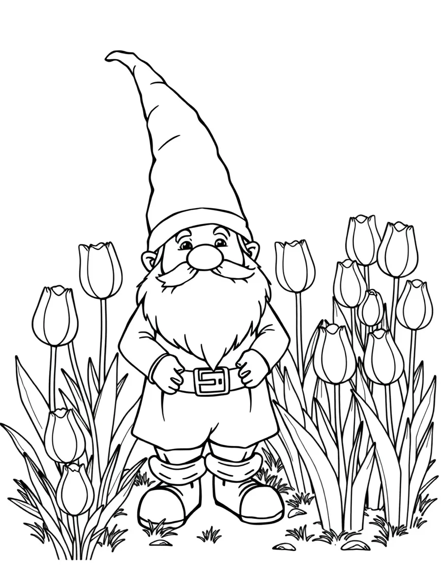 A meadow gnome standing beside a tulip patch