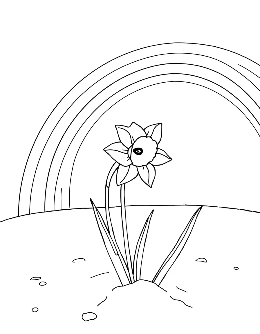 A daffodil poking out from the snow under a rainbow under a rainbow
