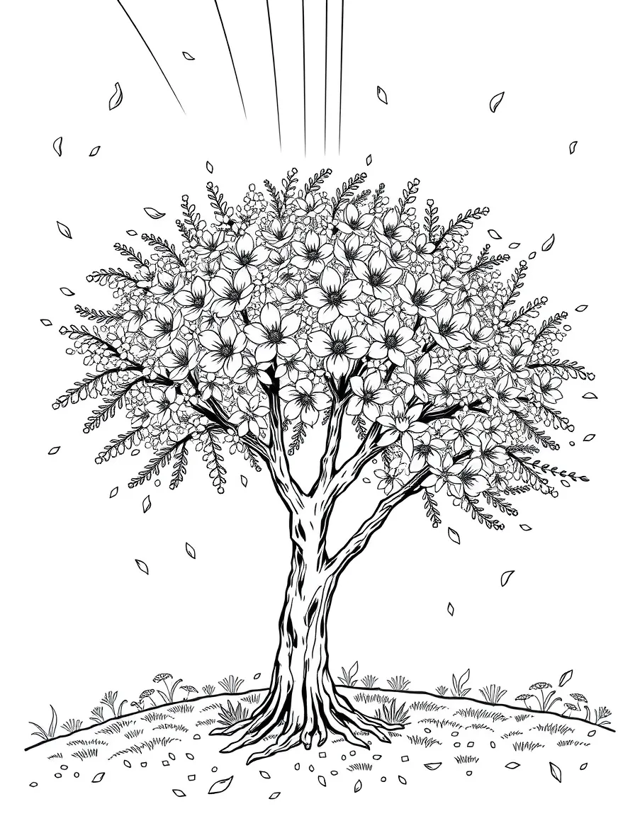 A cherry blossom tree with falling petals under a rainbow under a rainbow under a rainbow under a rainbow